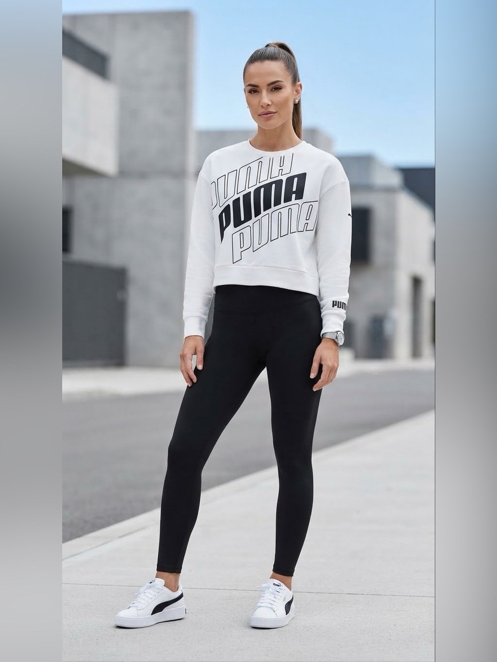 Puma White Cropped Graphic Crewneck Sweatshirt Size XS